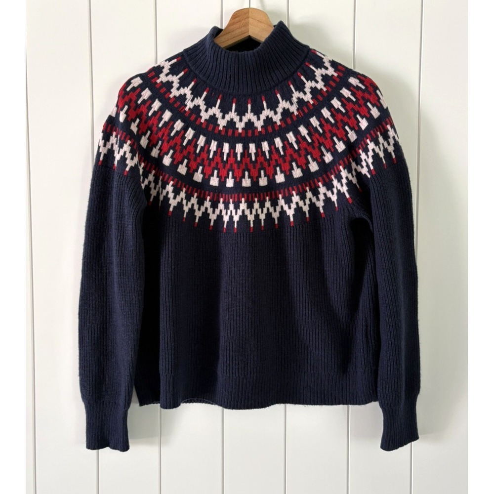 J.Crew Fair Isle Mock Neck Sweater Wool Blend Nordic Navy Red Preppy Holiday M